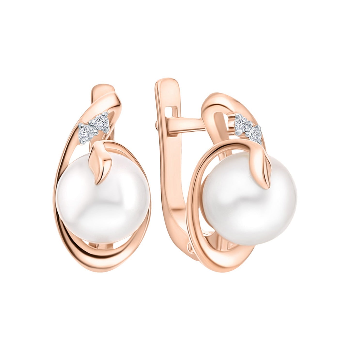 14K Solid Gold Hoop Earrings, Diamond (0.04ct) Pearl Huggies Hoop. Cushionblue