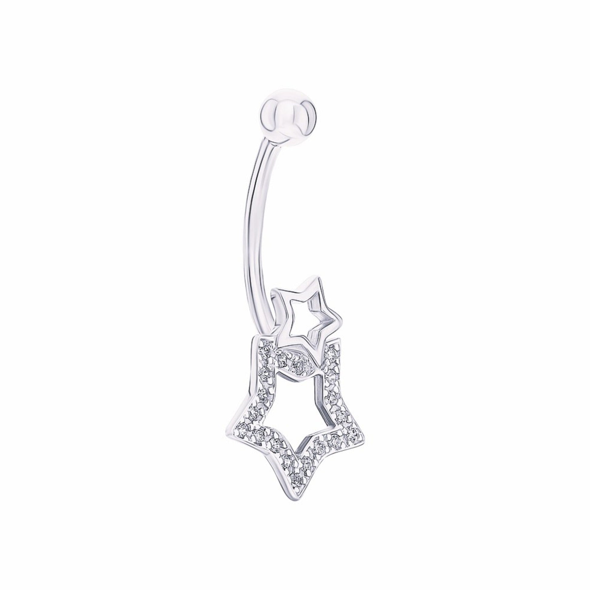 14k Gold Double Star Diamond Dangle Belly Ring | Star Navel Piercing Jewelry | Elegant Belly Button Ring Gift for Her. Cushionblue