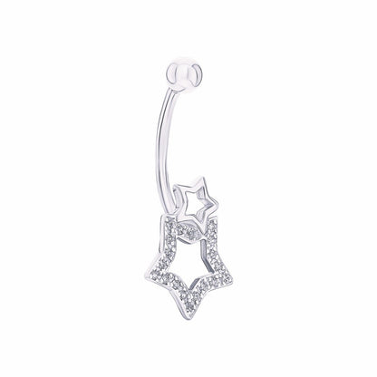 14k Gold Double Star Diamond Dangle Belly Ring | Star Navel Piercing Jewelry | Elegant Belly Button Ring Gift for Her. Cushionblue