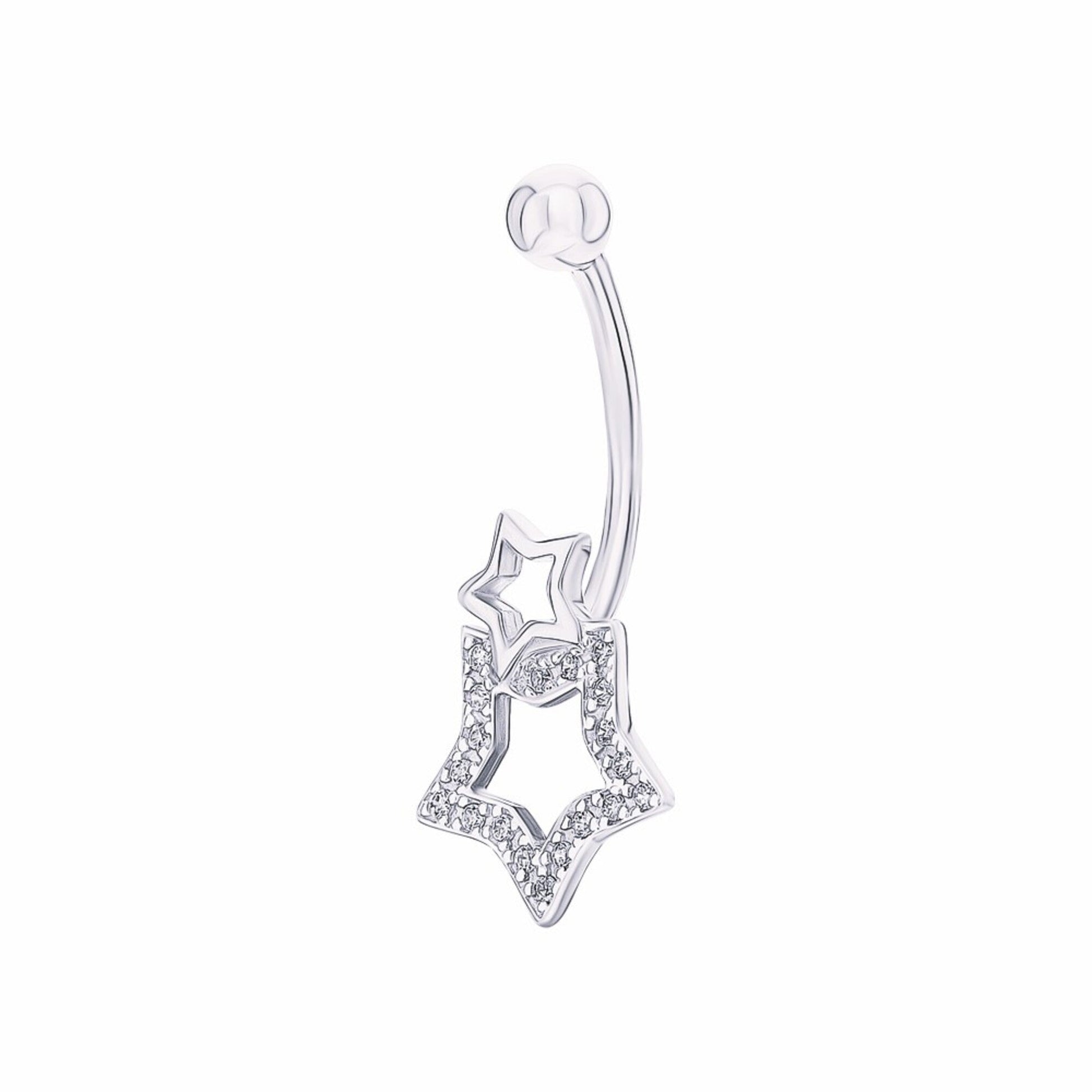 14k Gold Double Star Diamond Dangle Belly Ring | Star Navel Piercing Jewelry | Elegant Belly Button Ring Gift for Her. Cushionblue