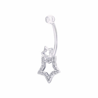 14k Gold Double Star Diamond Dangle Belly Ring | Star Navel Piercing Jewelry | Elegant Belly Button Ring Gift for Her. Cushionblue