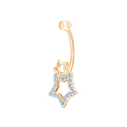 14k Gold Double Star Diamond Dangle Belly Ring | Star Navel Piercing Jewelry | Elegant Belly Button Ring Gift for Her. Cushionblue