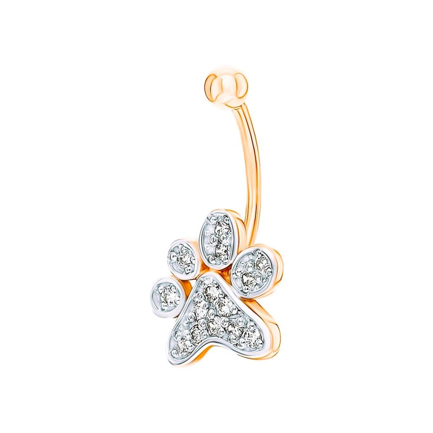 14K Gold Diamond Paw Belly Ring |  Dog Paw Navel Piercing | Gold Belly Bar | Sparkling Paw Print Charm | Body Jewelry for Women | Pet Lover Gift. Cushionblue
