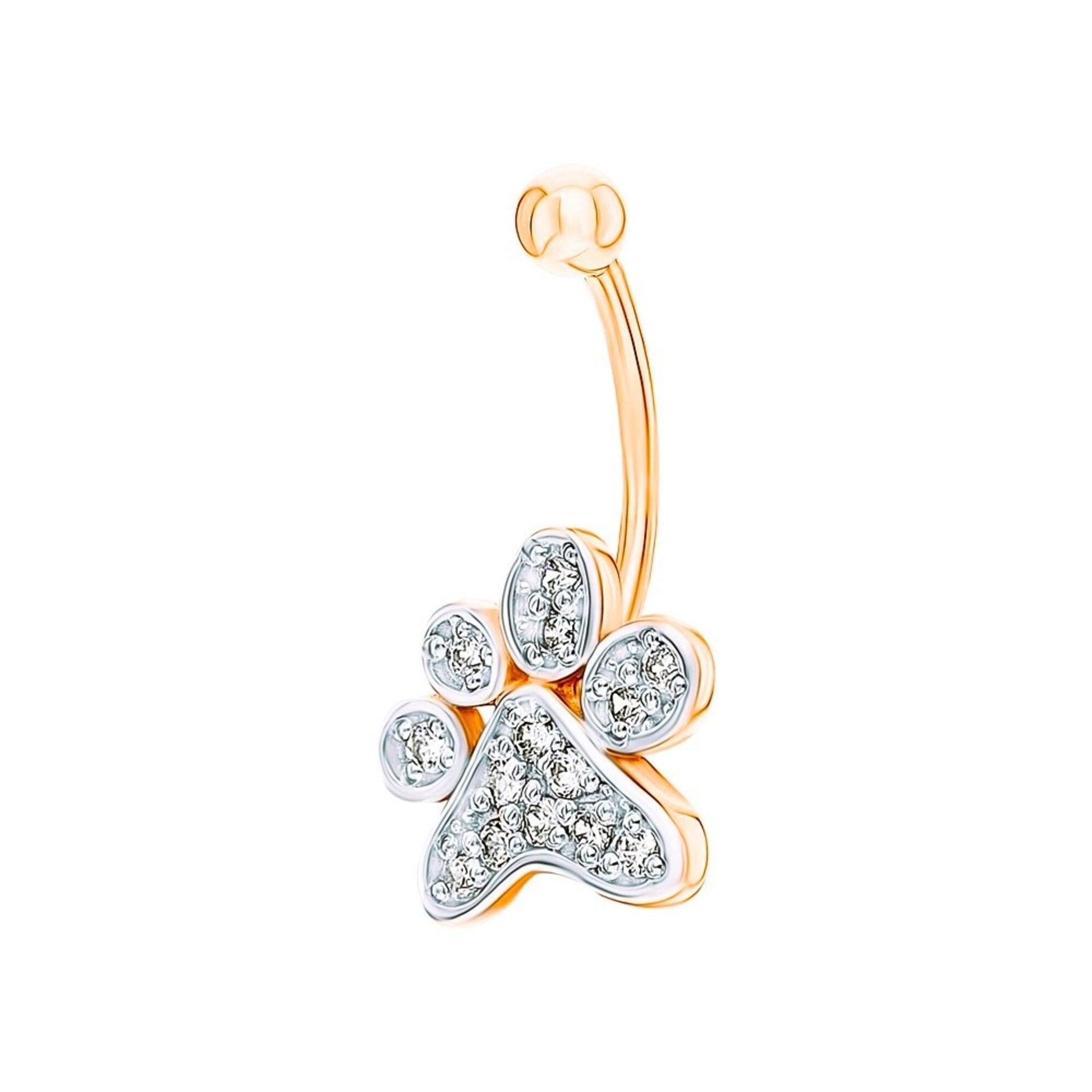 14K Gold Diamond Paw Belly Ring |  Dog Paw Navel Piercing | Gold Belly Bar | Sparkling Paw Print Charm | Body Jewelry for Women | Pet Lover Gift. Cushionblue