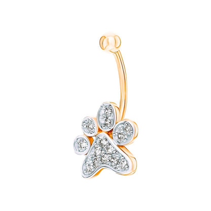 14K Gold Diamond Paw Belly Ring |  Dog Paw Navel Piercing | Gold Belly Bar | Sparkling Paw Print Charm | Body Jewelry for Women | Pet Lover Gift. Cushionblue
