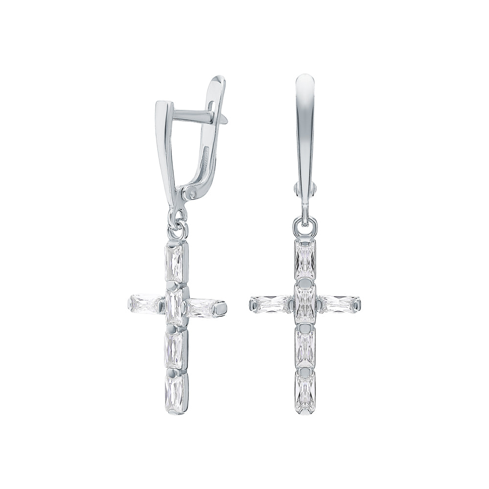 Elegant Cross Dangle Earrings, Baguette Diamonds, 14K White Gold Huggie Hoop. Cushionblue