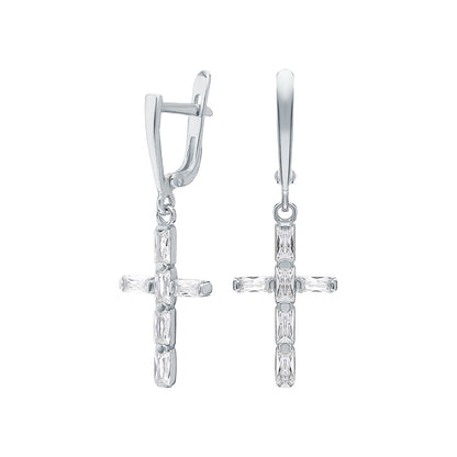 Elegant Cross Dangle Earrings, Baguette Diamonds, 14K White Gold Huggie Hoop. Cushionblue