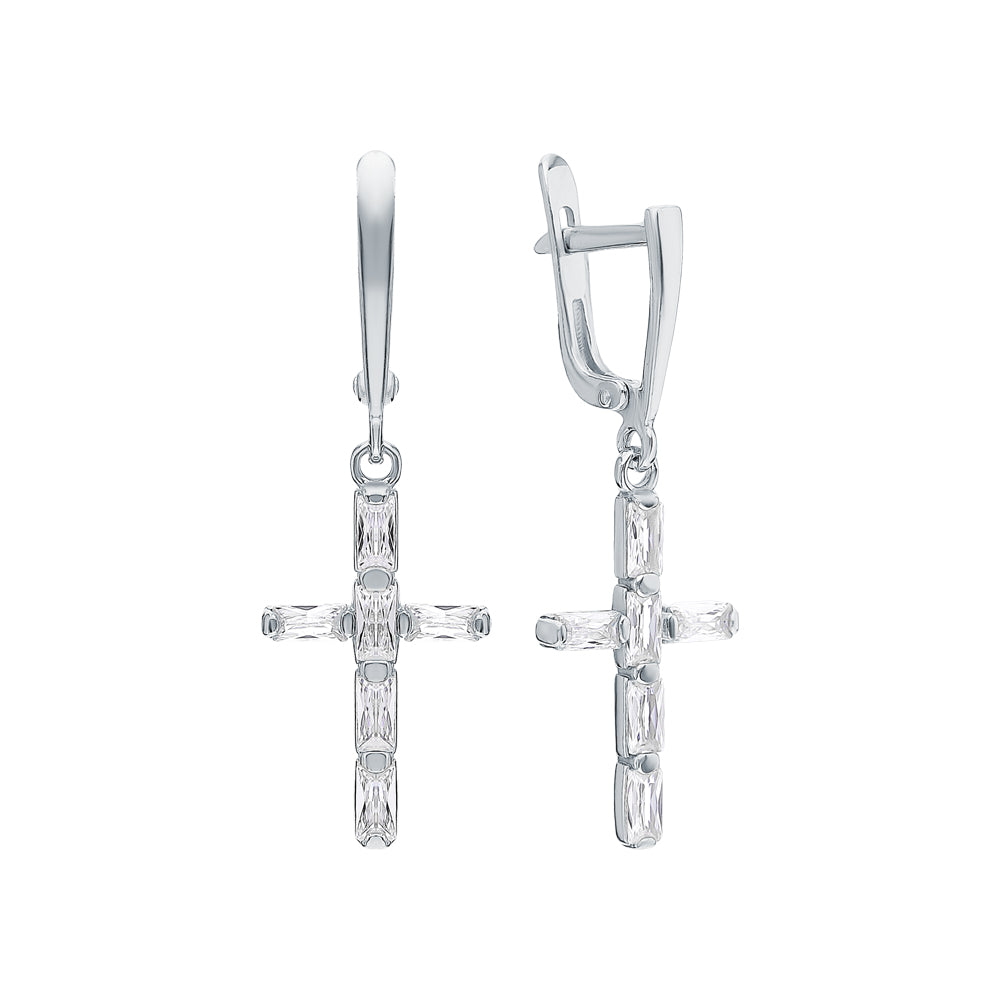 Elegant Cross Dangle Earrings, Baguette Diamonds, 14K White Gold Huggie Hoop. Cushionblue