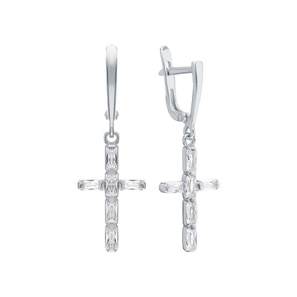 Elegant Cross Dangle Earrings, Baguette Diamonds, 14K White Gold Huggie Hoop. Cushionblue