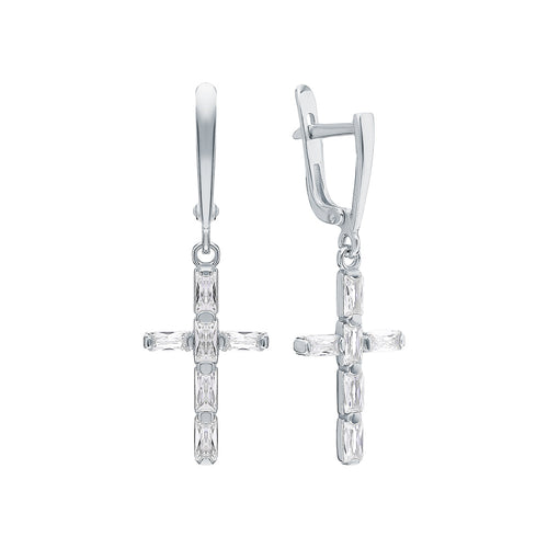 Elegant Cross Dangle Earrings, Baguette Diamonds, 14K White Gold Huggie Hoop. Cushionblue