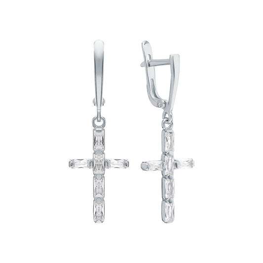 Elegant Cross Dangle Earrings, Baguette Diamonds, 14K White Gold Huggie Hoop. Cushionblue