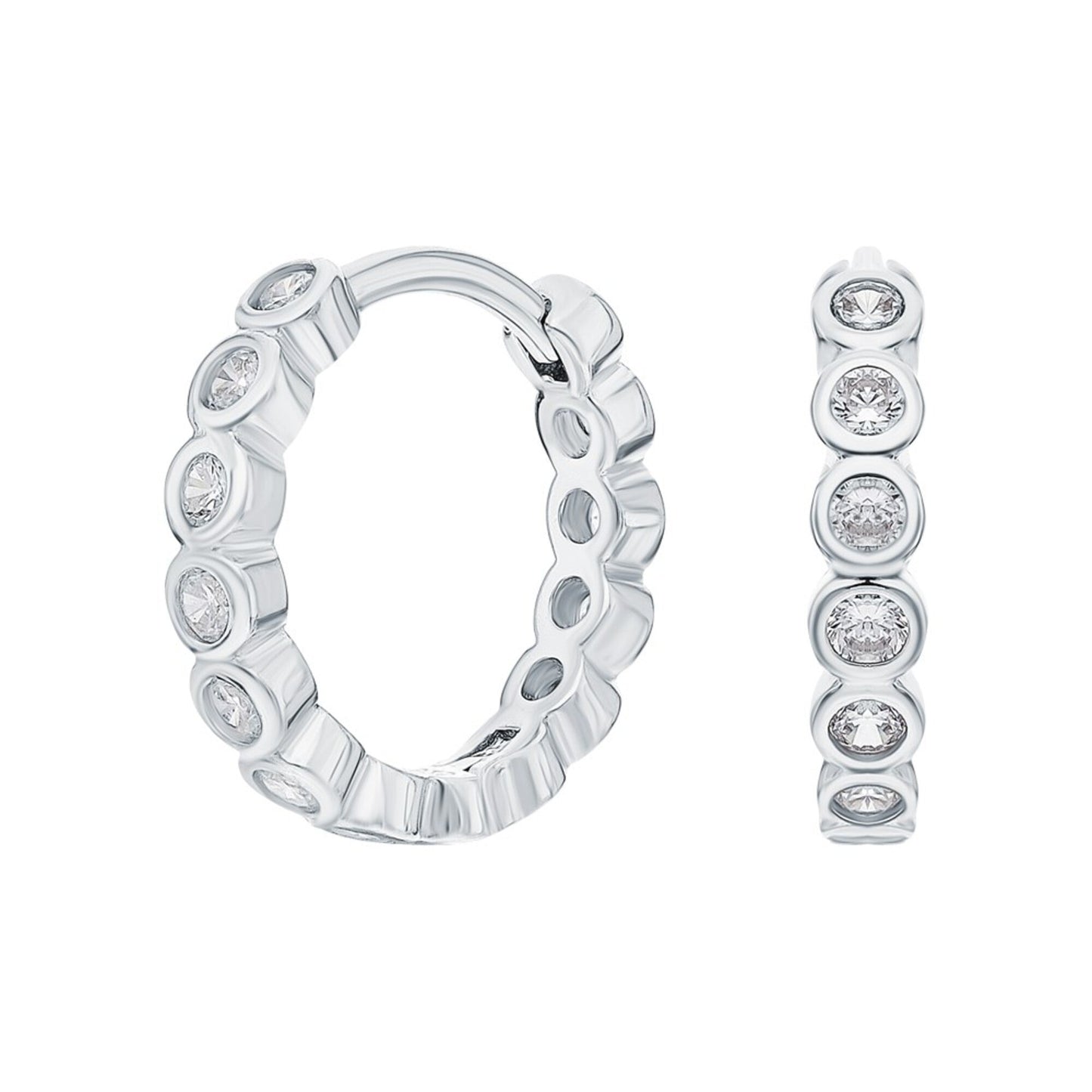 14k Solid Gold Bezel Diamond Hoop Earring 12mm Minimalist Huggies Earring. Cushionblue