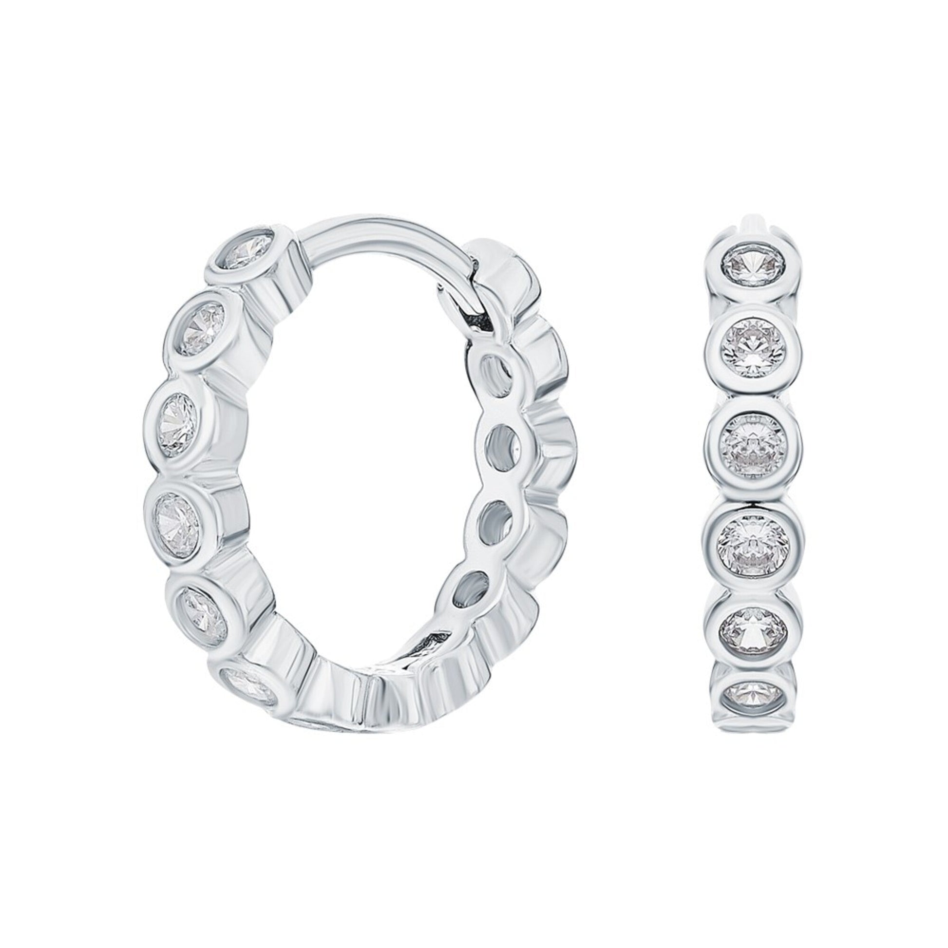 14k Solid Gold Bezel Diamond Hoop Earring 12mm Minimalist Huggies Earring. Cushionblue