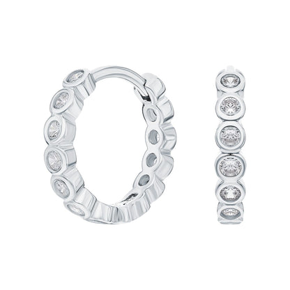 14k Solid Gold Bezel Diamond Hoop Earring 12mm Minimalist Huggies Earring. Cushionblue