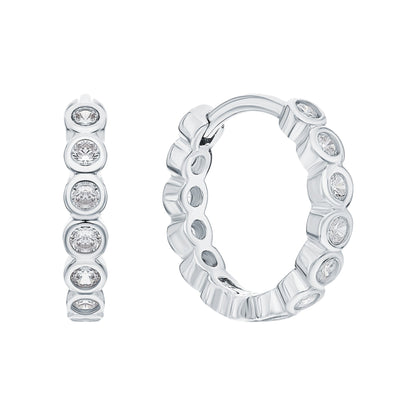 14k Solid Gold Bezel Diamond Hoop Earring 12mm Minimalist Huggies Earring. Cushionblue