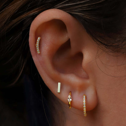 14K Solid Gold Curved Helix Earring, Diamond(0.05ct) Climber Helix Piercing, Arc Cartilage Stud. Cushionblue