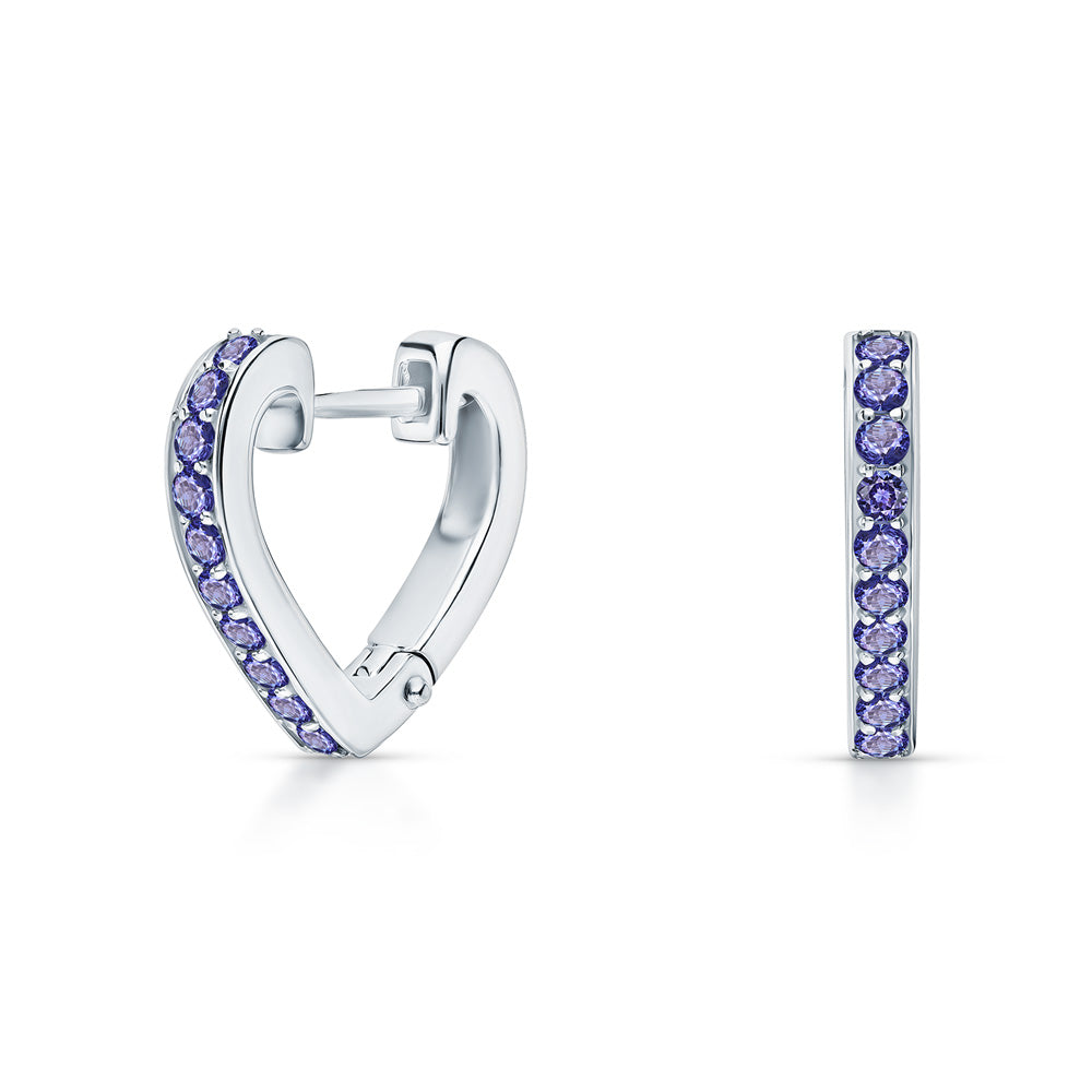 Tanzanite Heart Hoop Earrings | 14K Gold Huggie with Dangle Stone | Silver & Gold Mixed Metal Earrings | December Birthstone | Romantic Birthday Gift. Cushionblue
