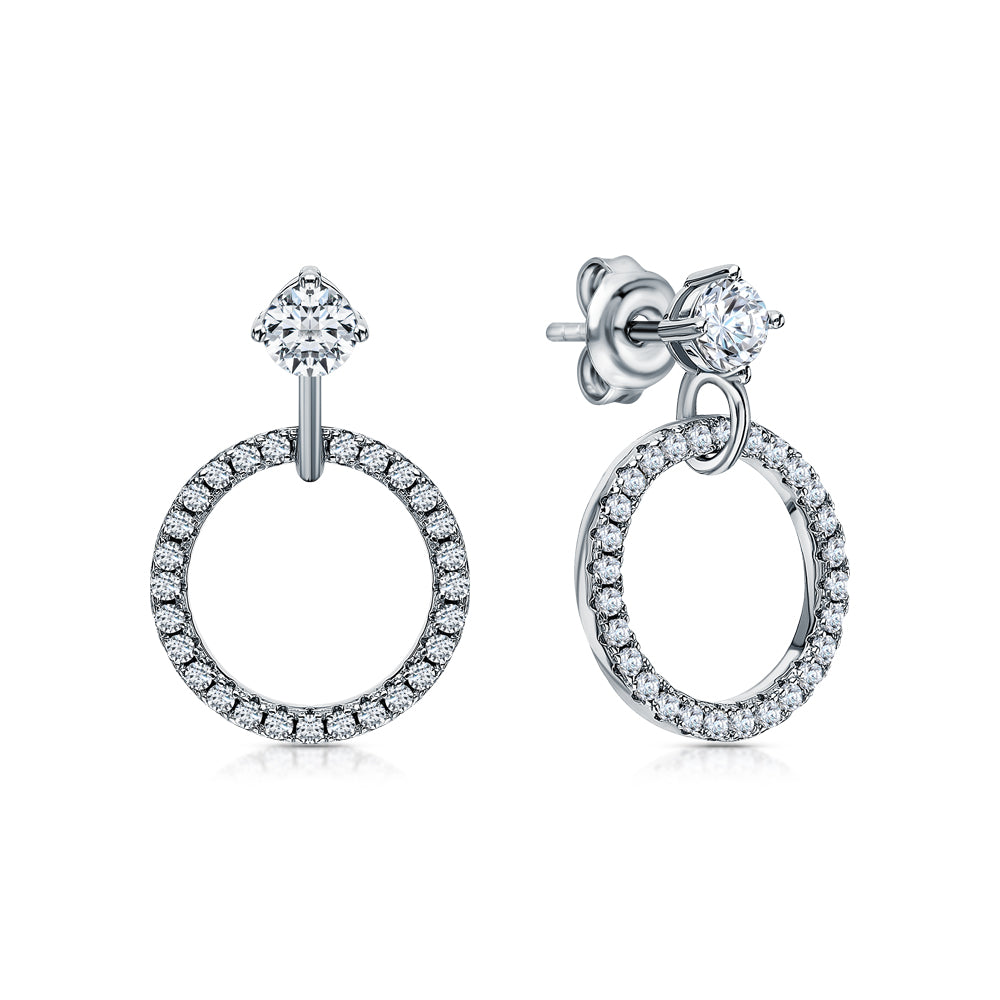 14K White Gold Diamond Cluster Circle Drop Earrings | Geometric Dangle Studs | Open Circle Earrings | Modern Wedding Jewelry | Gift for Women. Cushionblue