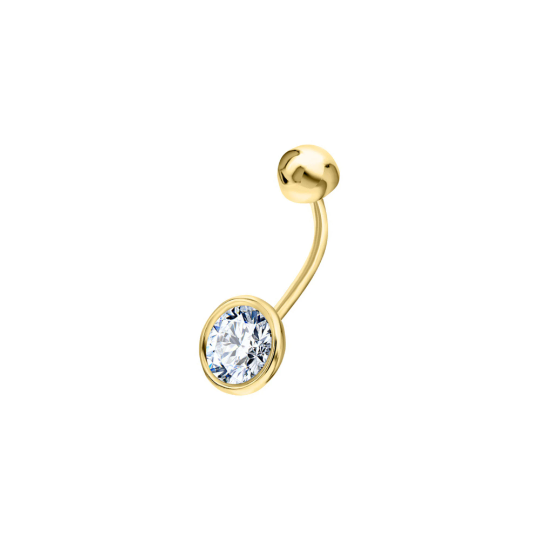 14k Gold Round Belly Ring Solitaire Belly Bar, Curved Bezel Diamond (0.70ct). Cushionblue