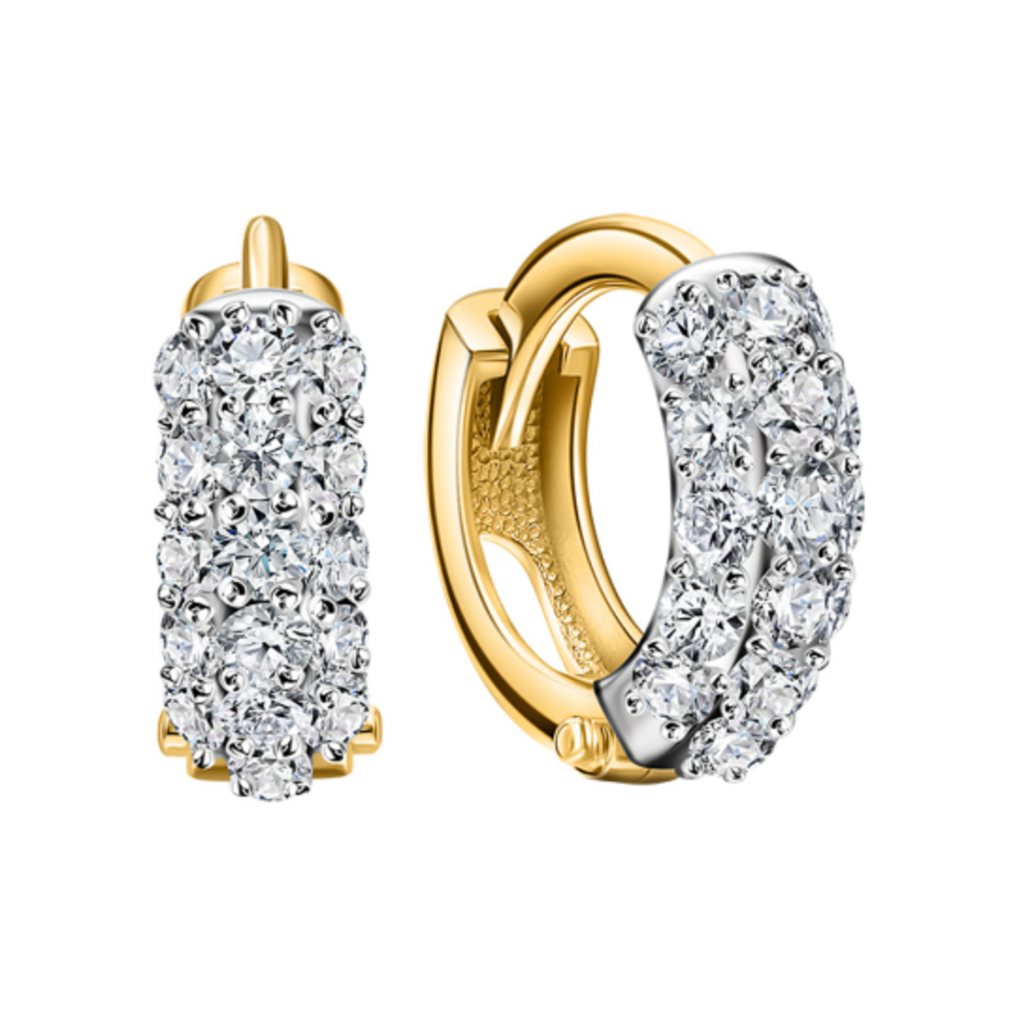 14K Gold Diamond Huggies Hoop Earring, Three Row Small Hoop, Pave Huggies. Cushionblue