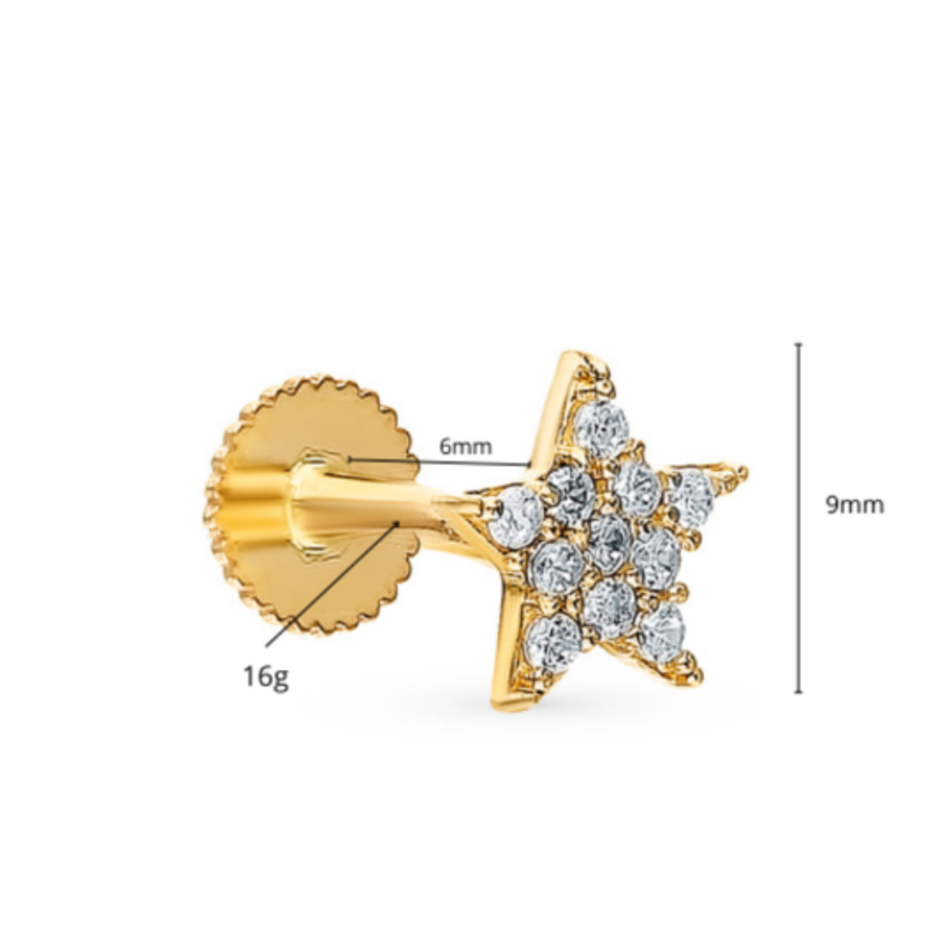 14k Gold,Tiny Star Stud Earring, Pave Diamond (0.08ct) Cartilage Piercing. Cushionblue