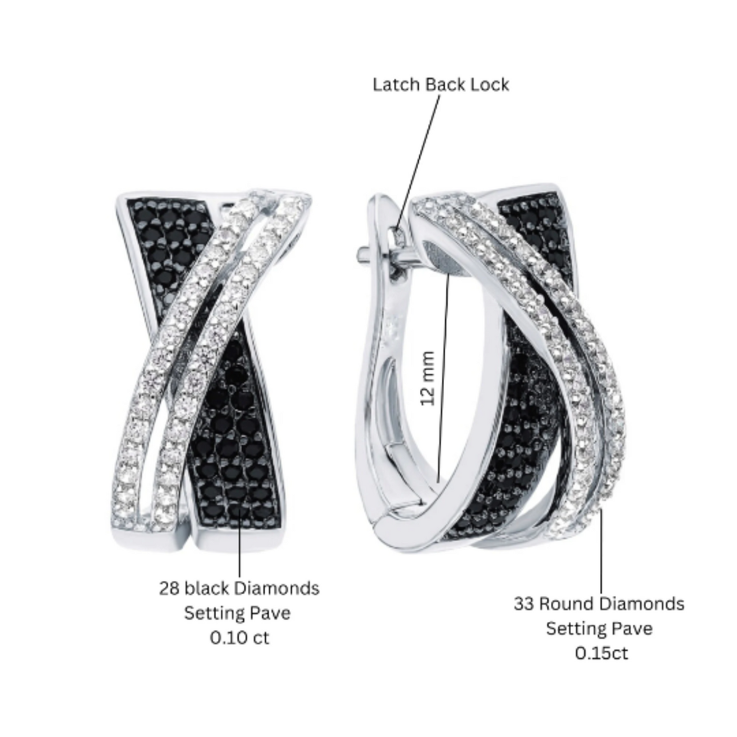 14K White Gold Diamond Crossover Hoop Earrings, Round  Black & White Diamond Hoop Earrings. Cushionblue
