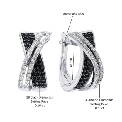 14K White Gold Diamond Crossover Hoop Earrings, Round  Black & White Diamond Hoop Earrings. Cushionblue