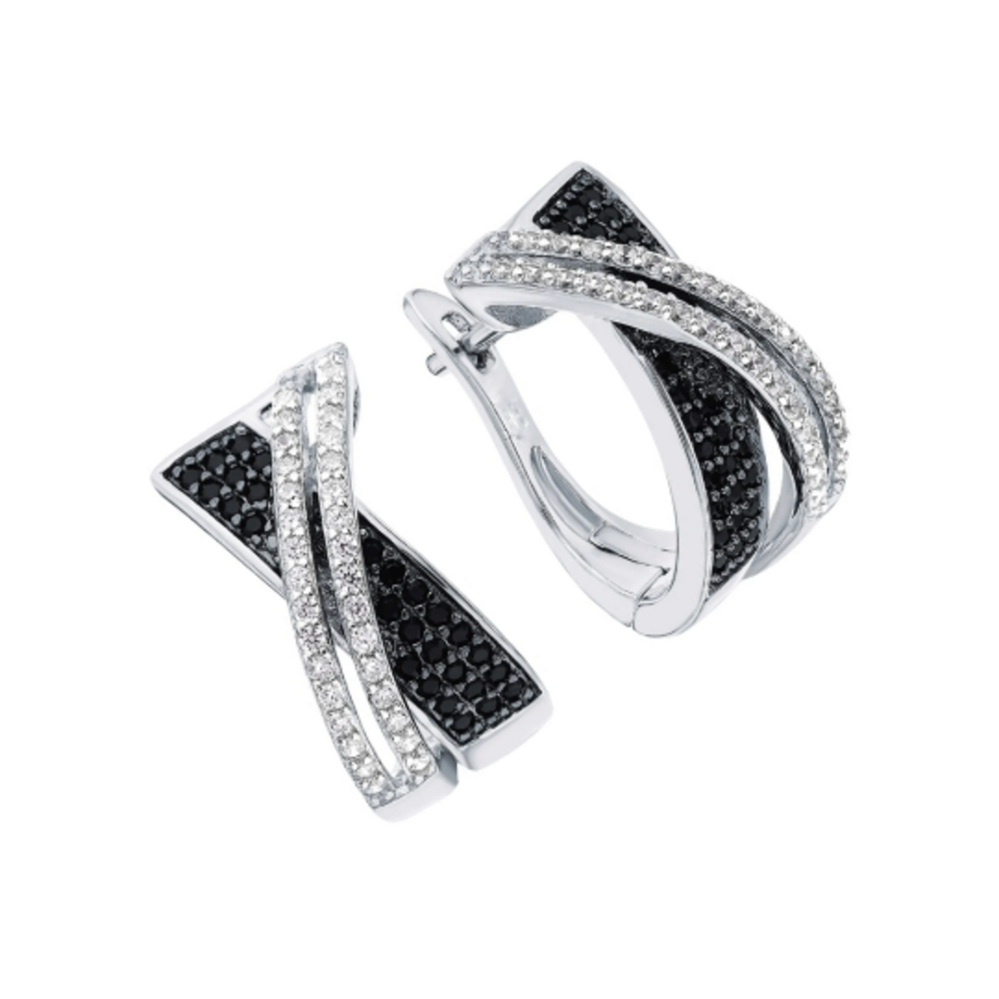 14K White Gold Diamond Crossover Hoop Earrings, Round  Black & White Diamond Hoop Earrings. Cushionblue