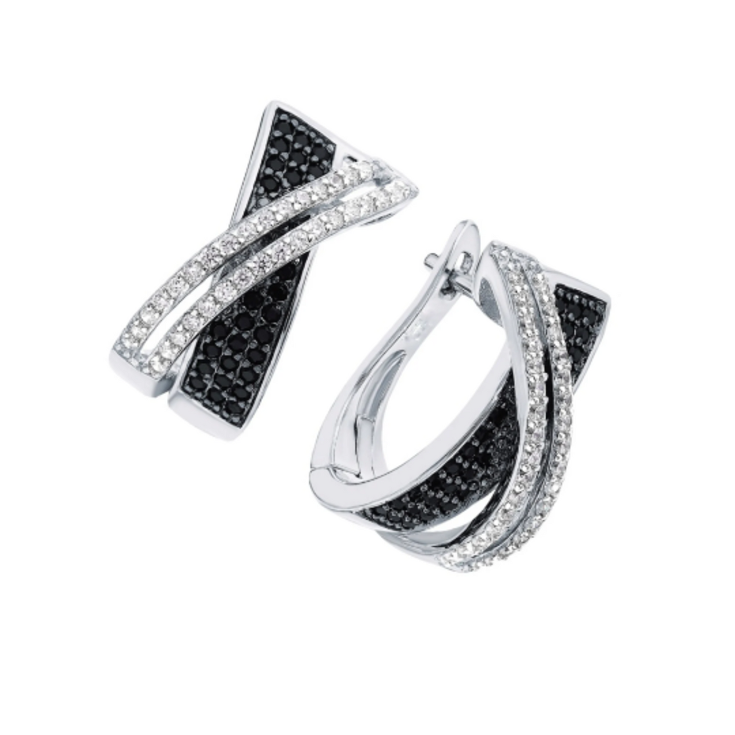 14K White Gold Diamond Crossover Hoop Earrings, Round  Black & White Diamond Hoop Earrings. Cushionblue