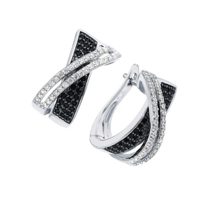 14K White Gold Diamond Crossover Hoop Earrings, Round  Black & White Diamond Hoop Earrings. Cushionblue