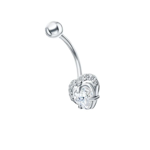 14K Gold Belly Button Ring, Heart Shaped Diamond Navel Belly, Curved Floating Navel Ring Cushionblue