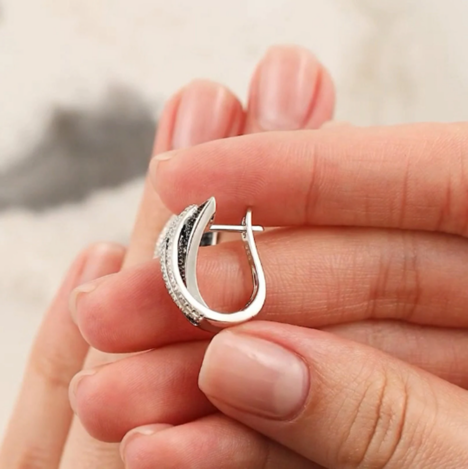 14K White Gold Diamond Crossover Hoop Earrings, Round  Black & White Diamond Hoop Earrings. Cushionblue