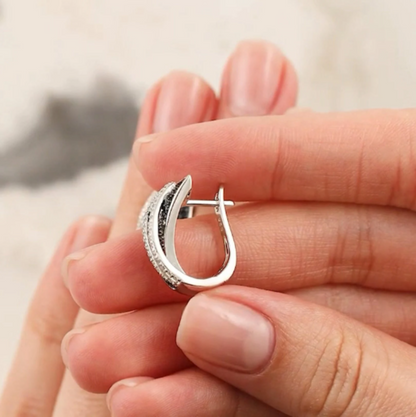 14K White Gold Diamond Crossover Hoop Earrings, Round  Black & White Diamond Hoop Earrings. Cushionblue