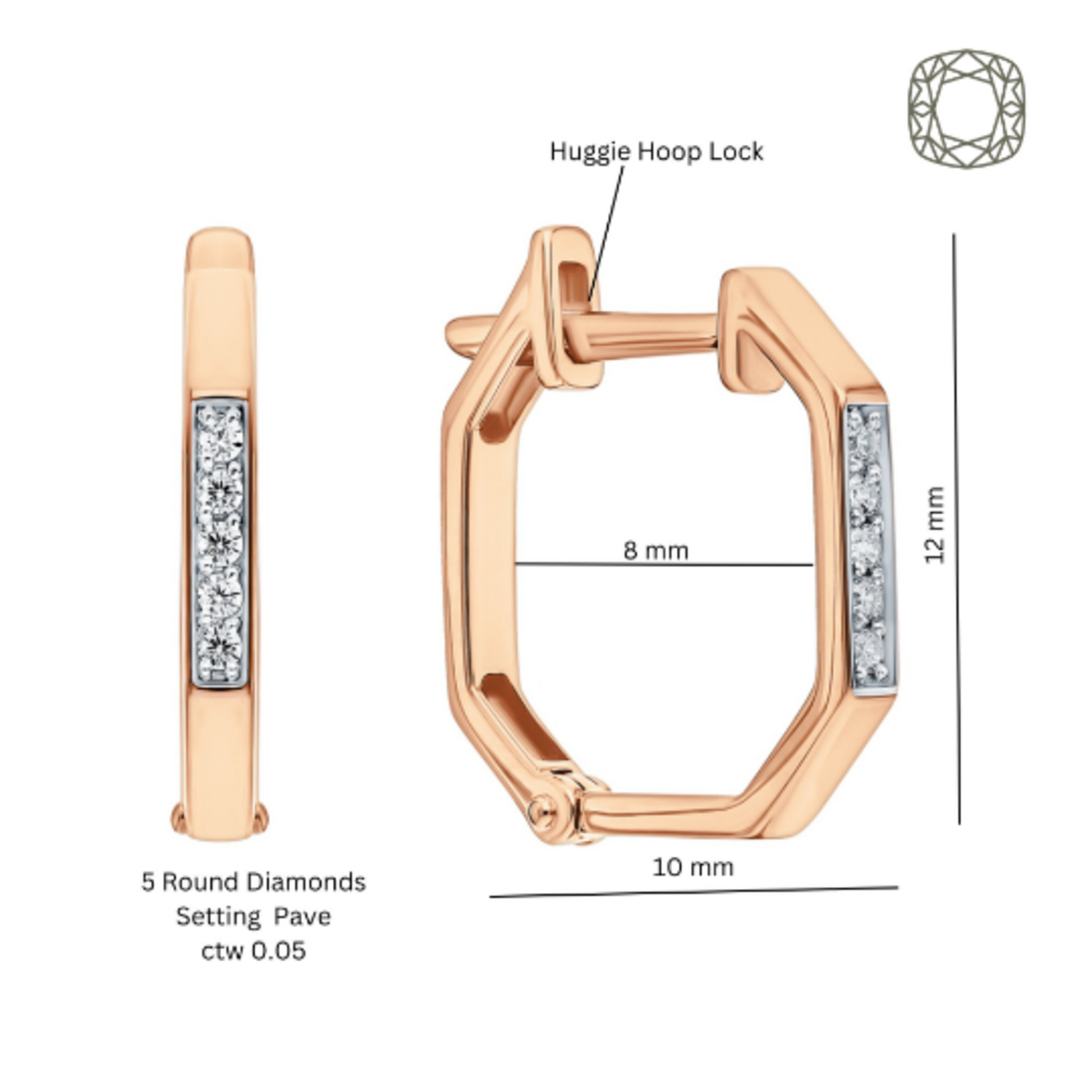 14K Gold Hexagon Huggie Earring Hexagon Hoop Earrings, Diamond Huggie. Cushionblue