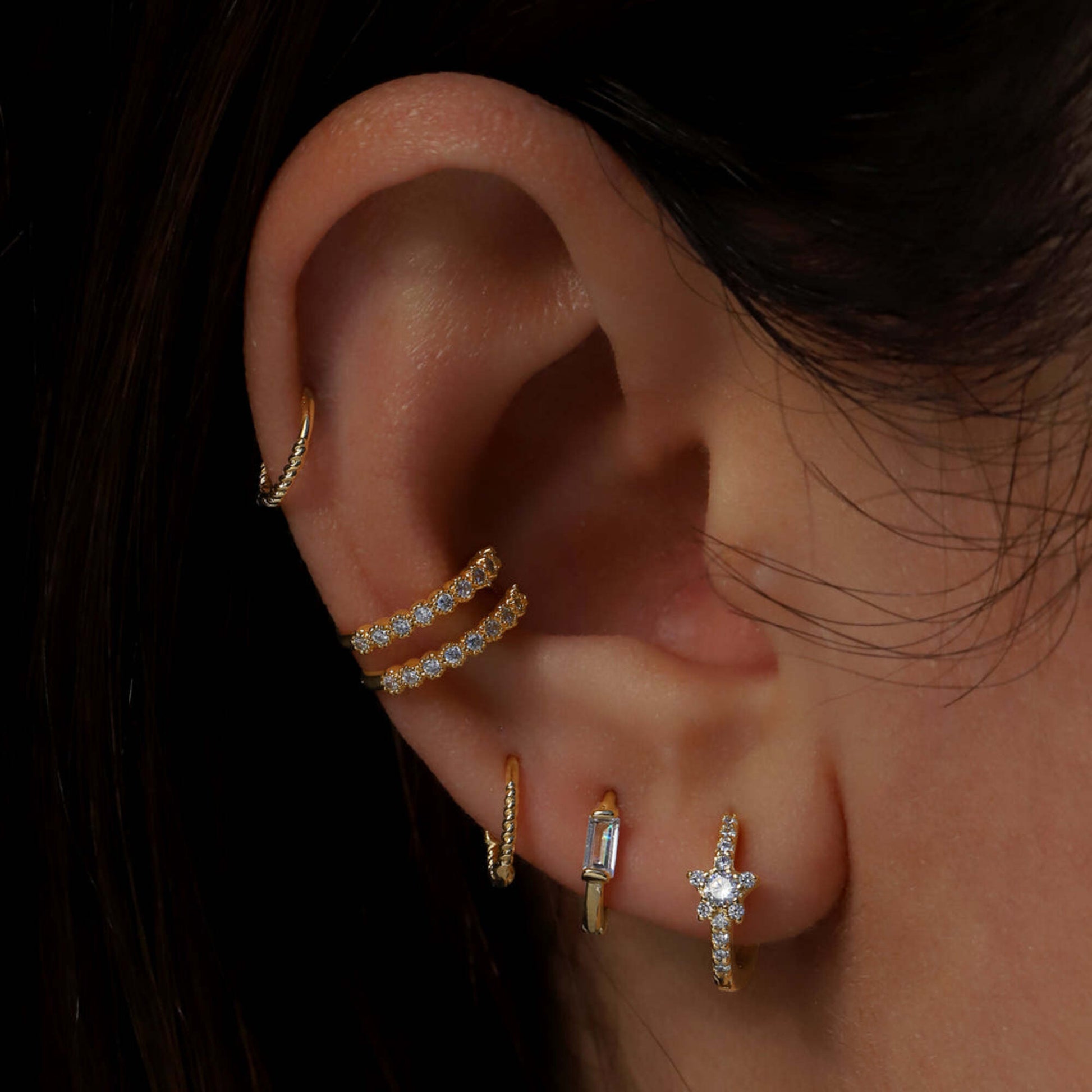 14k Gold Genuine Diamond (0.18ct) Ear cuff, Wrap Diamond Cuff, Minimalist Double row Piercing. Cushionblue