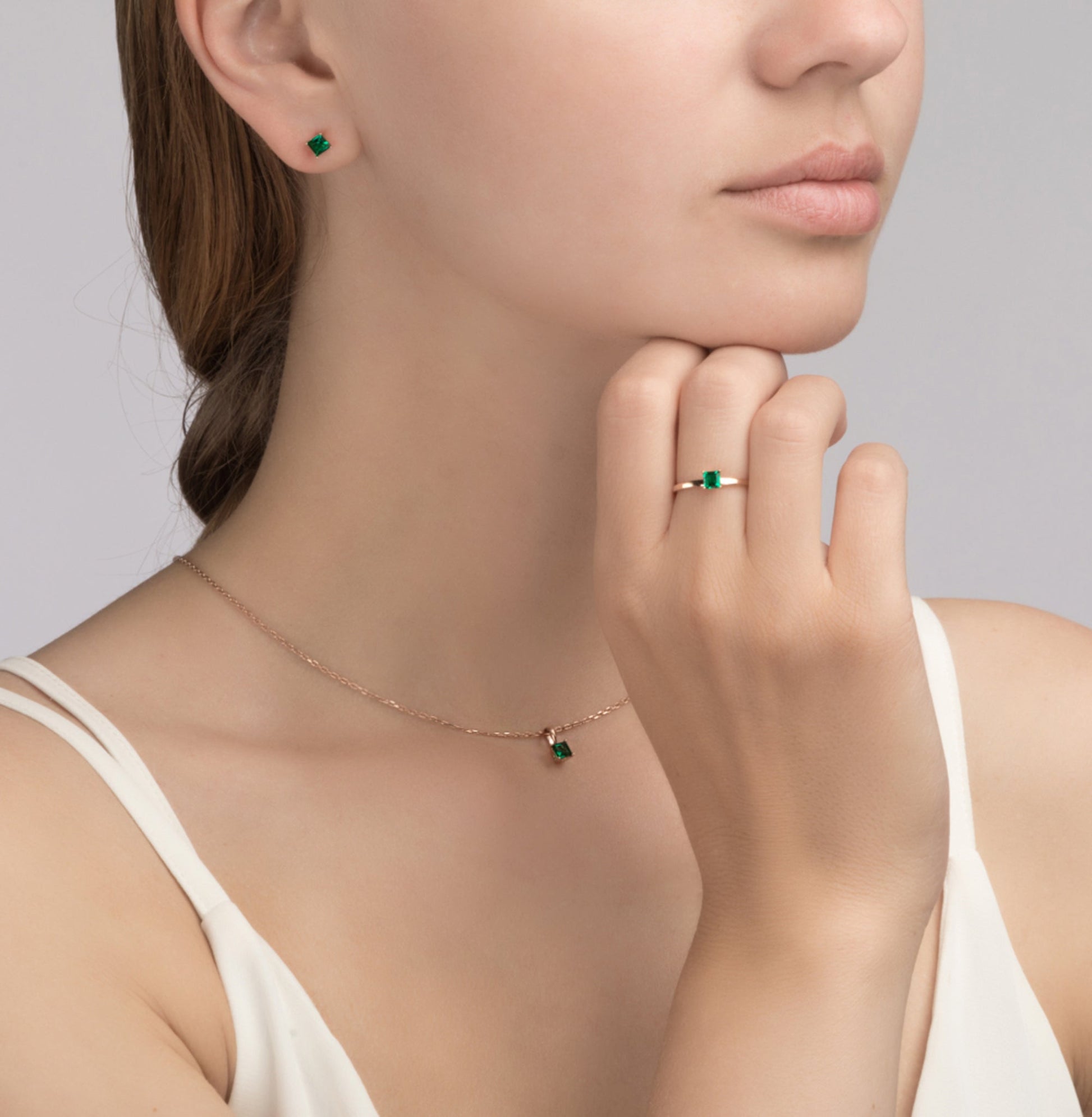 14K Solid Gold Emerald Square Cut Earrings. Cushionblue