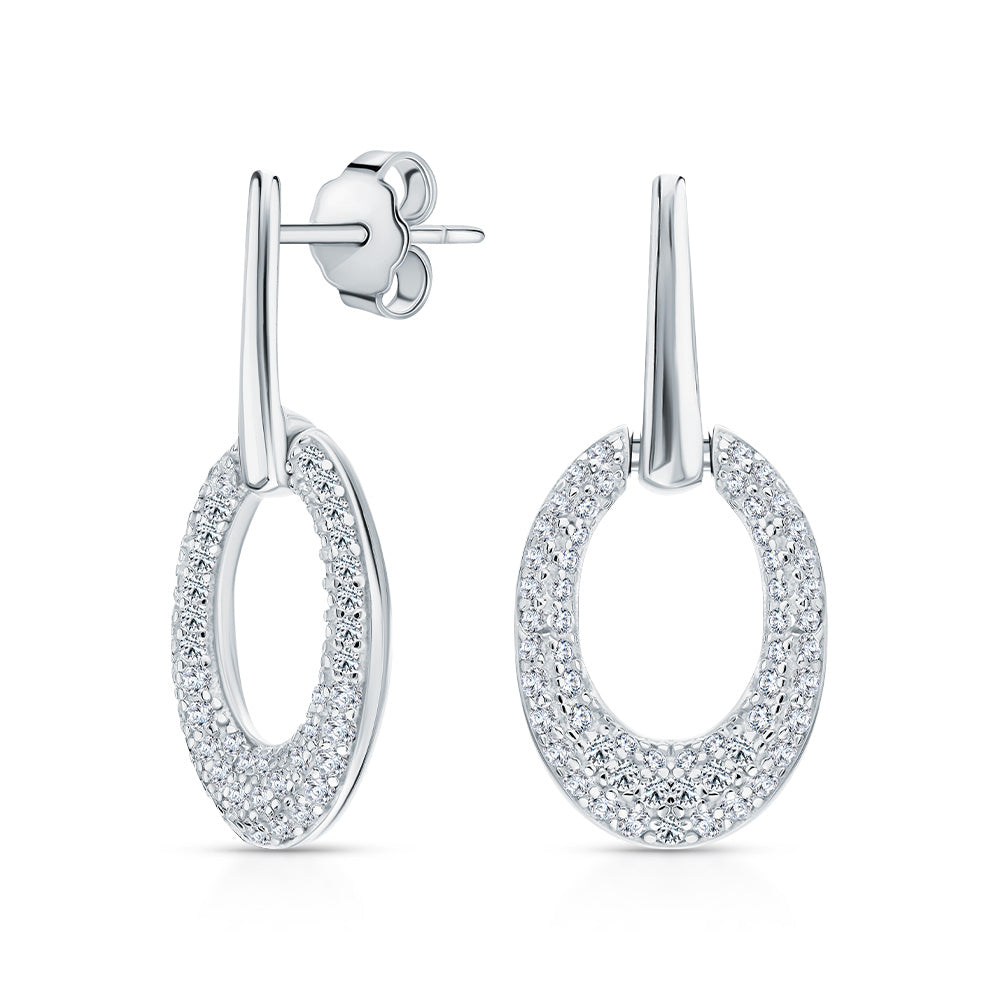 14K White Gold Oval Diamond Stud Earrings | Pave Dangle Ear Charms | Sparkling Snow Drop Earrings  |Unique Wedding Jewelry | Gift for Her. Cushionblue