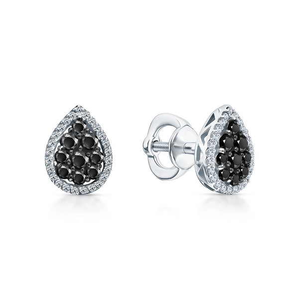 14K Gold Black Diamond Teardrop Earrings, Pear-Shaped Halo Studs for Women. Cushionblue