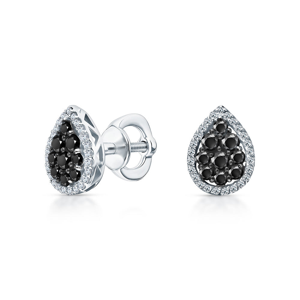 14K Gold Black Diamond Teardrop Earrings, Pear-Shaped Halo Studs for Women. Cushionblue