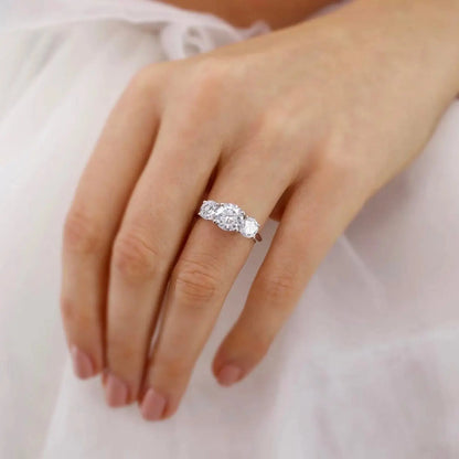 Round Diamond Trilogy Ring, Three Stone Engagement Ring, 14K Gold Bridal Jewelry, Anniversary Promise Ring for Her Cushionblue