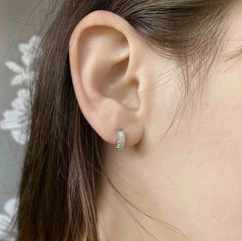 14K Gold Diamond Huggie Hoop Earring Cushionblue