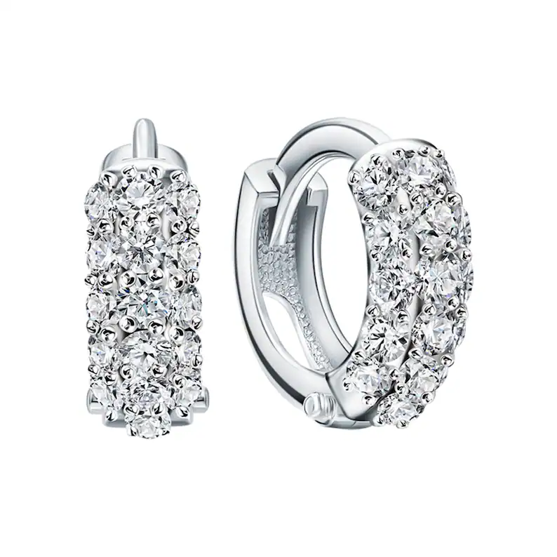 14K Gold Diamond Huggies Hoop Earring, Three Row Small Hoop, Pave Huggies. Cushionblue