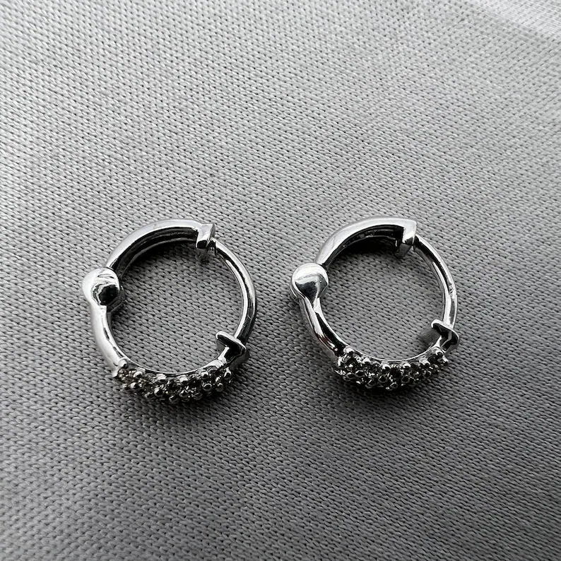 14K Gold Diamond Huggies Hoop Earring, Three Row Small Hoop, Pave Huggies. Cushionblue