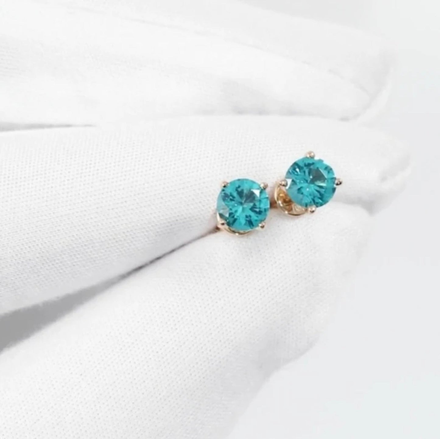14k Solid Gold Paraiba Tourmaline Stud Earring, Green Round Paraiba Studs. Cushionblue