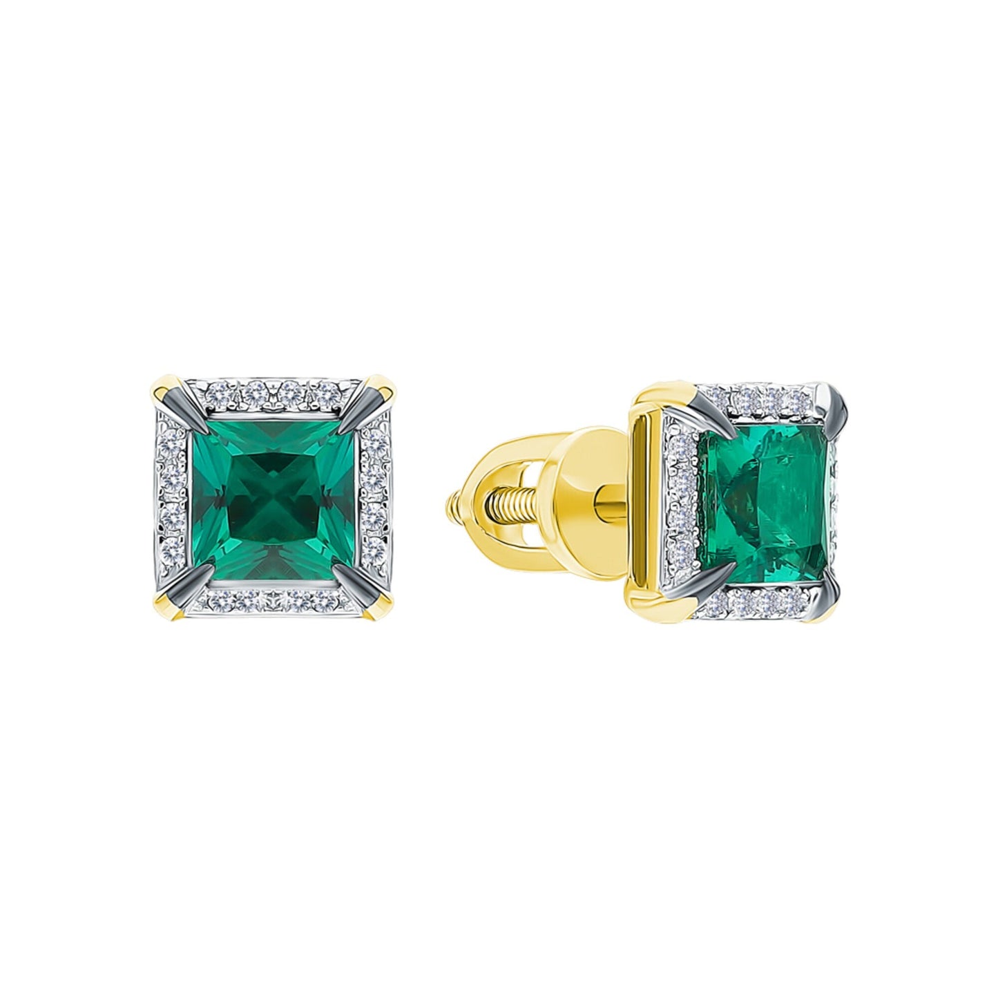 14K Gold Emerald Stud Earrings | Tiny Square Diamond and Emerald Earrings | Minimalist Birthstone Jewelry Gift for Her. Cushionblue