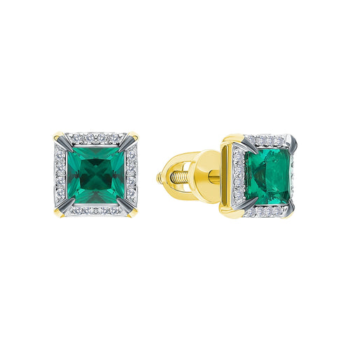 14K Gold Emerald Stud Earrings | Tiny Square Diamond and Emerald Earrings | Minimalist Birthstone Jewelry Gift for Her. Cushionblue