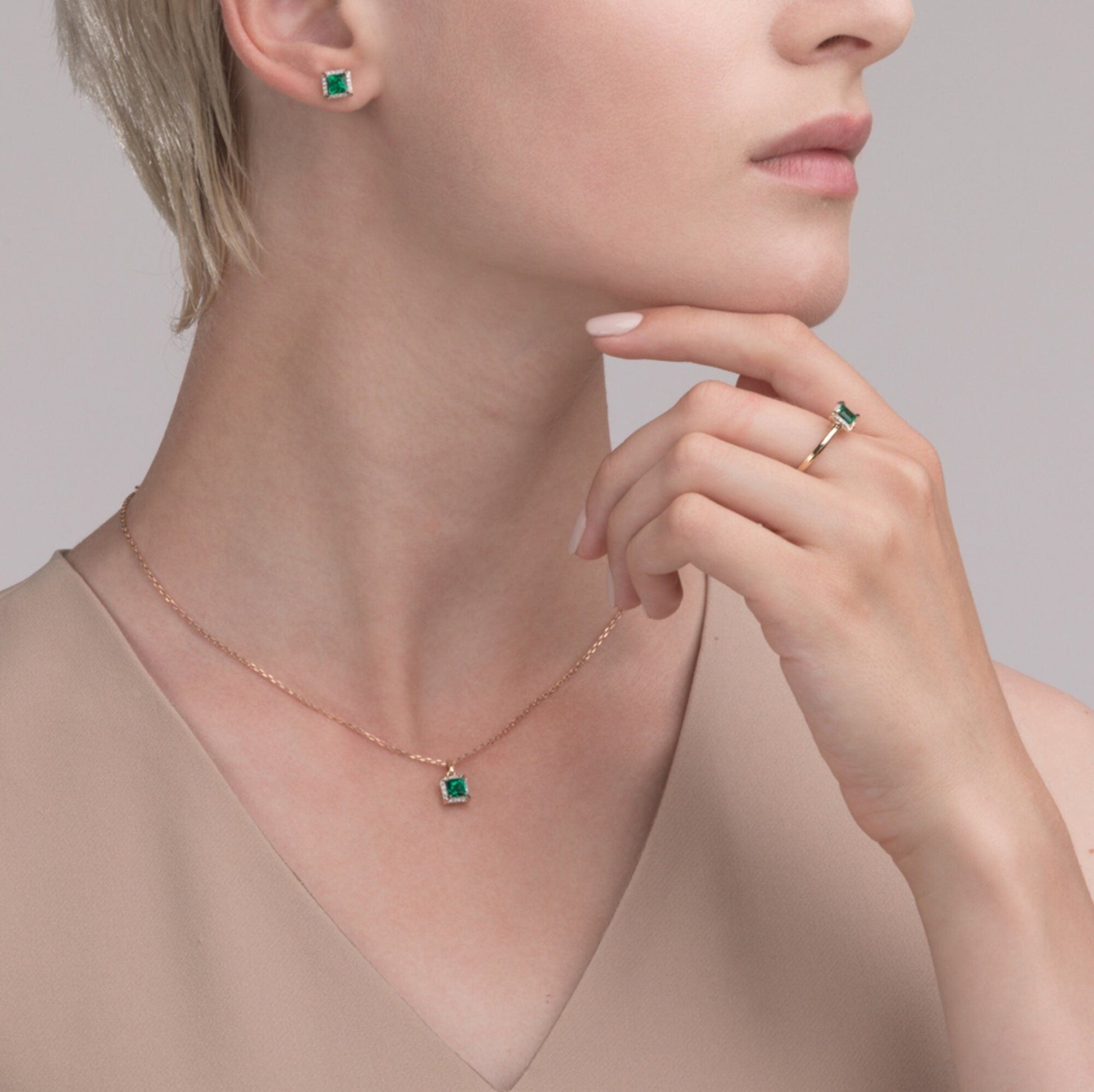 14K Gold Emerald Stud Earrings | Tiny Square Diamond and Emerald Earrings | Minimalist Birthstone Jewelry Gift for Her. Cushionblue