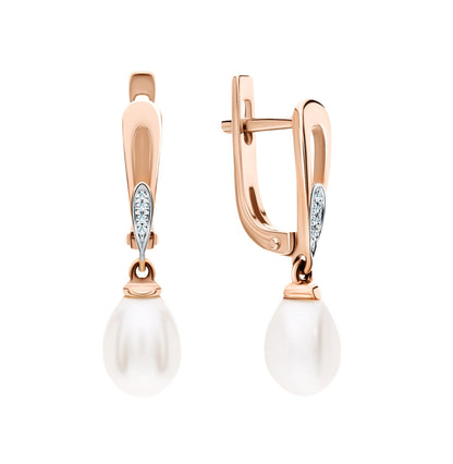 14k Gold Pearl Diamond Huggie Earring,Tiny Pearl Drop Clip On Hoop. Cushionblue