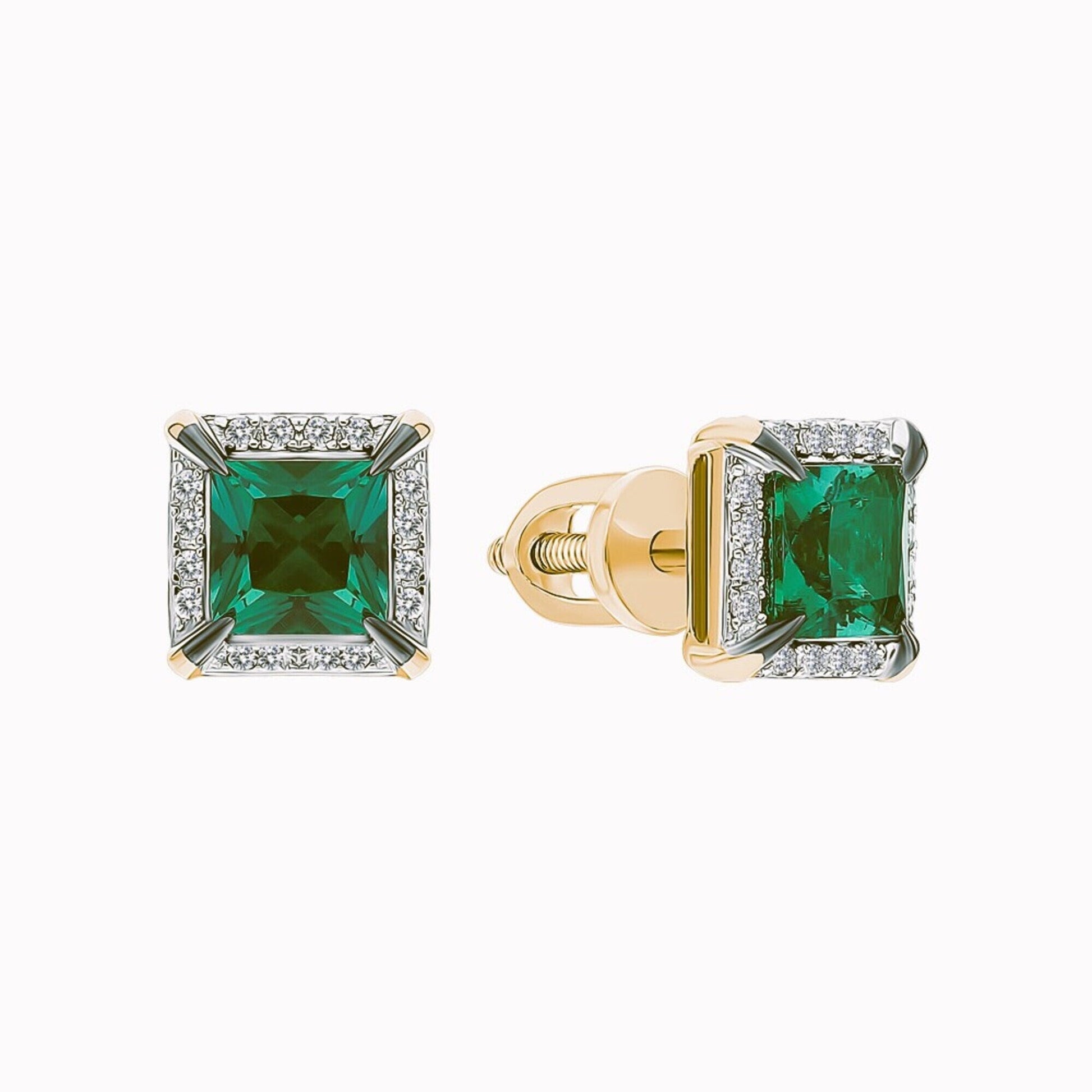 14K Gold Emerald Stud Earrings | Tiny Square Diamond and Emerald Earrings | Minimalist Birthstone Jewelry Gift for Her. Cushionblue
