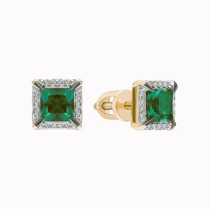 14K Gold Emerald Stud Earrings | Tiny Square Diamond and Emerald Earrings | Minimalist Birthstone Jewelry Gift for Her. Cushionblue
